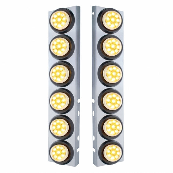 SS Front Air Cleaner Bracket With 12X 9 LED 2" Reflector Lights For Peterbilt-Amber LED/Clear Lens