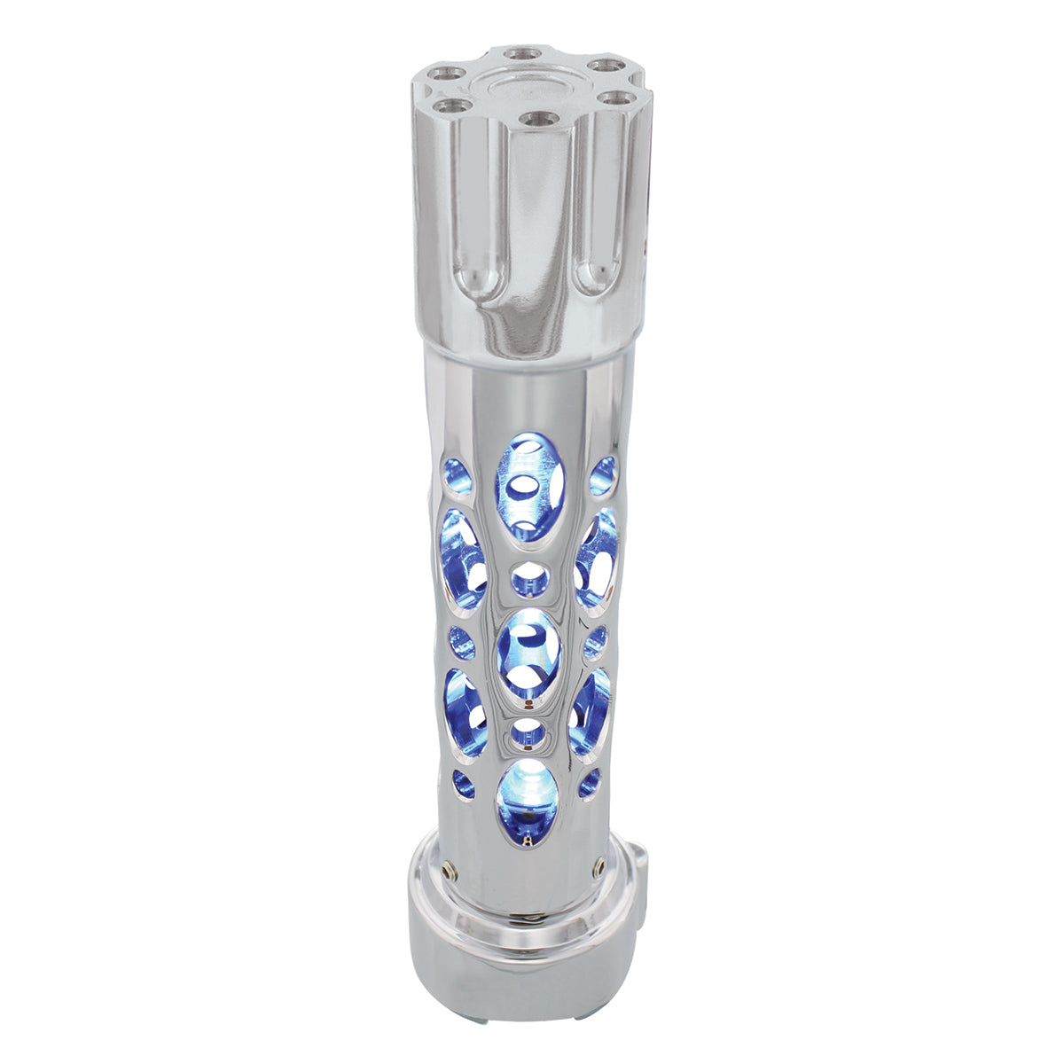 Austin Style Gun Cylinder Gearshift Knob With LED 9/10 Speed Adapter - Chrome/Blue LED
