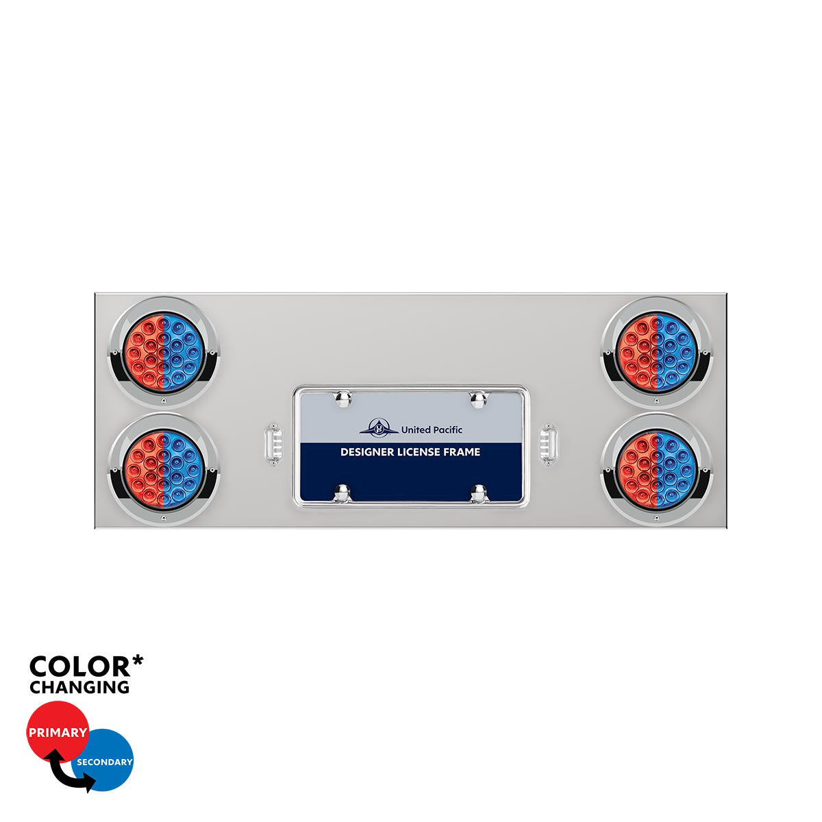 33-3/4" SS Rear Center Panel With 4X 19 LED 4" Double Fury Lights & Visors-Red & Blue LED
