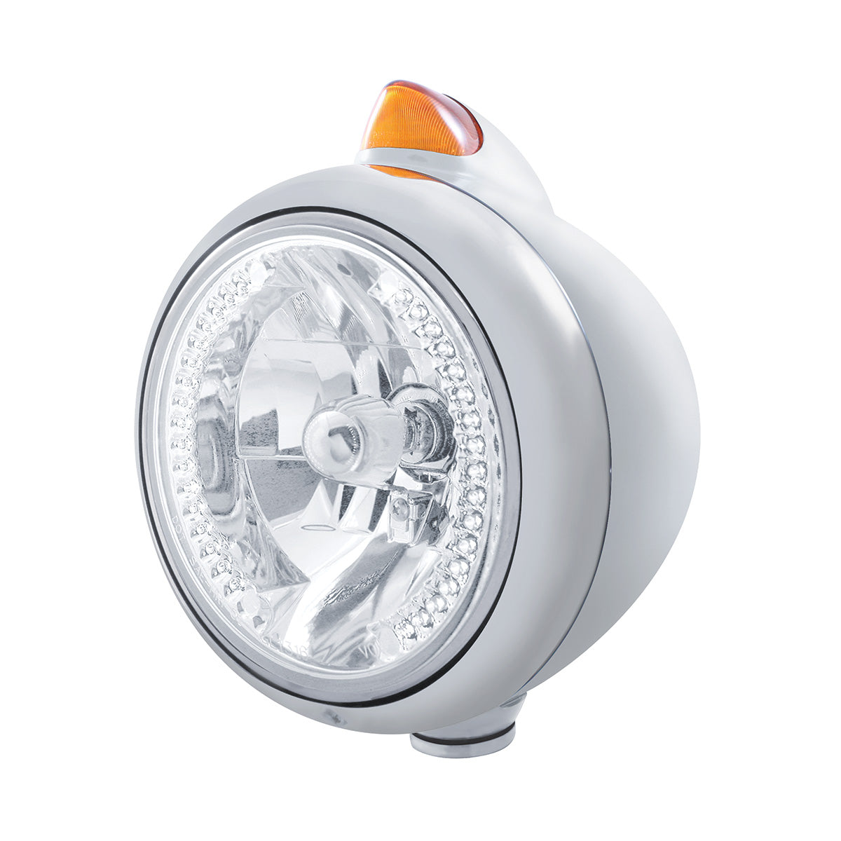 Stainless Steel Guide 682-C Headlight H4 With White LED & Original Style LED Signal - Amber Lens
