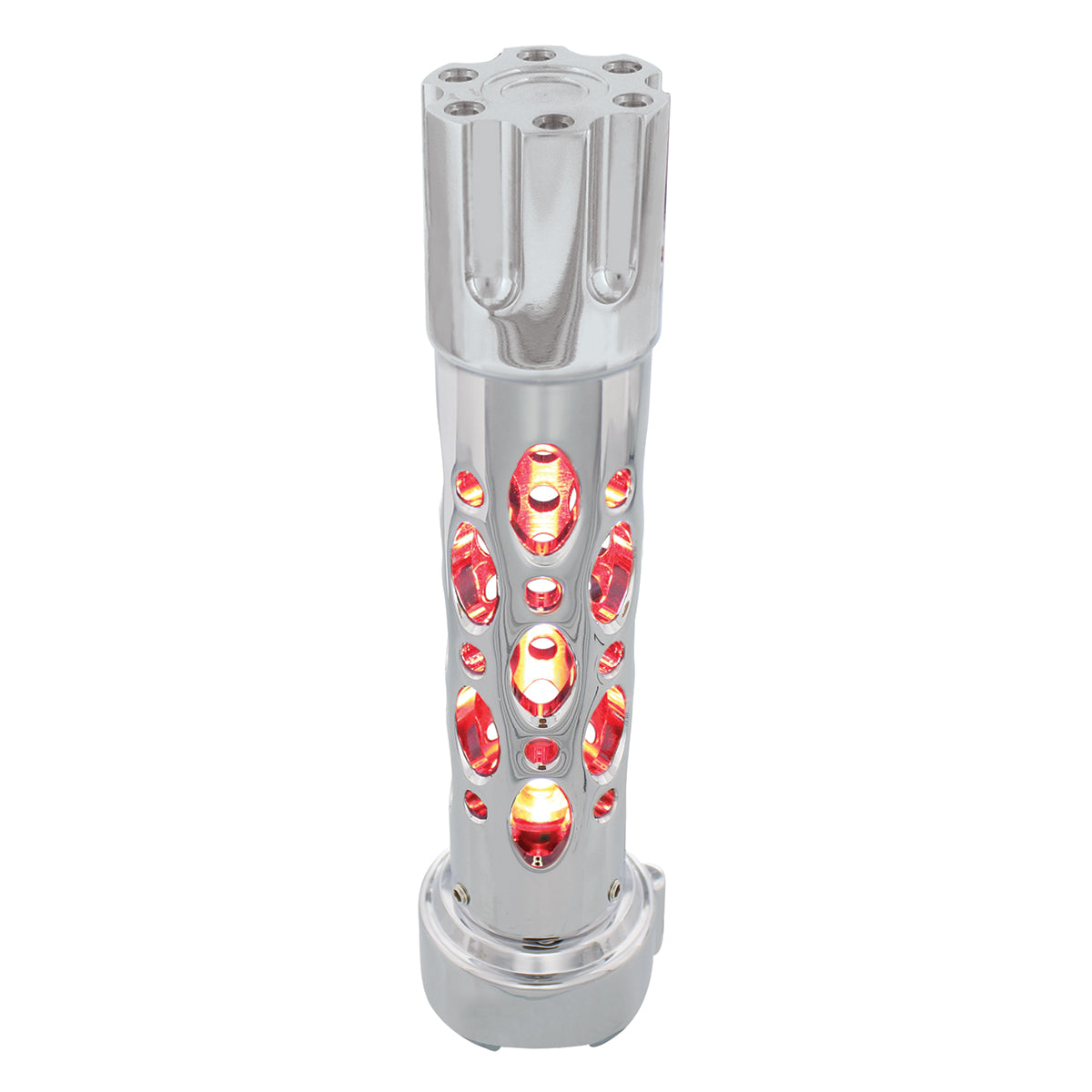 Austin Style Gun Cylinder Gearshift Knob With LED 9/10 Speed Adapter - Chrome/Red LED