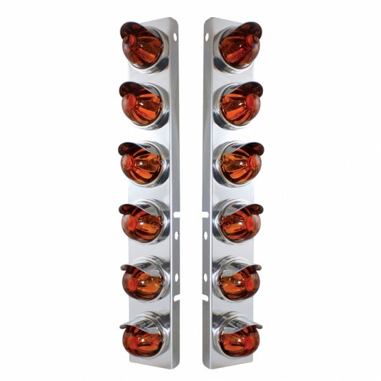 SS Front Air Cleaner Bracket With 12X Glass Watermelon Lights & SS Visors For Peterbilt-Dark Amber Lens