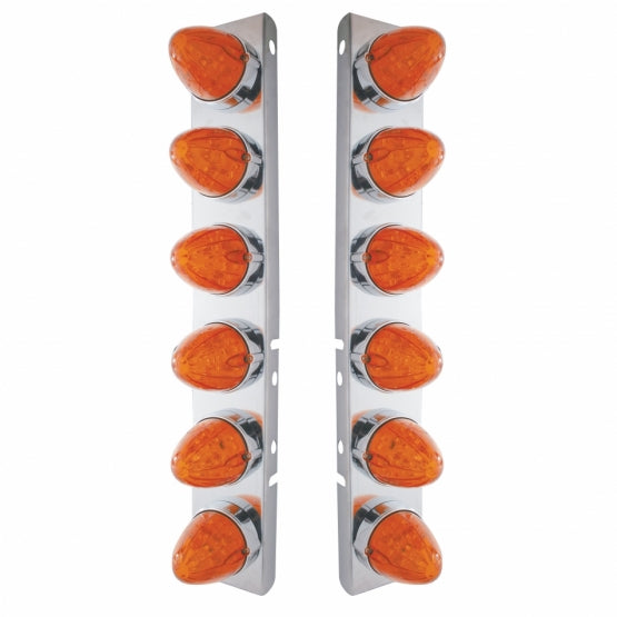 SS Front Air Cleaner Bracket With 12X 19 LED Watermelon Lights & Bezels For Peterbilt-Amber LED/Dark Amber Lens
