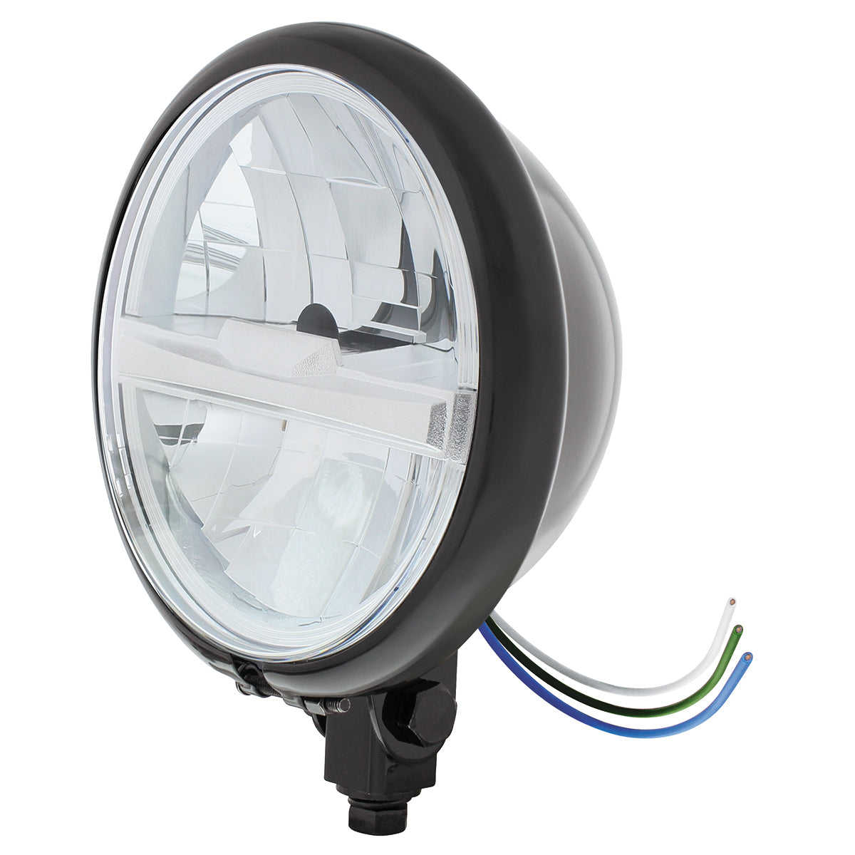 Black 5-3/4" Motorcycle Headlight 8 LED Bulb With Silver Bar - Bottom Mount