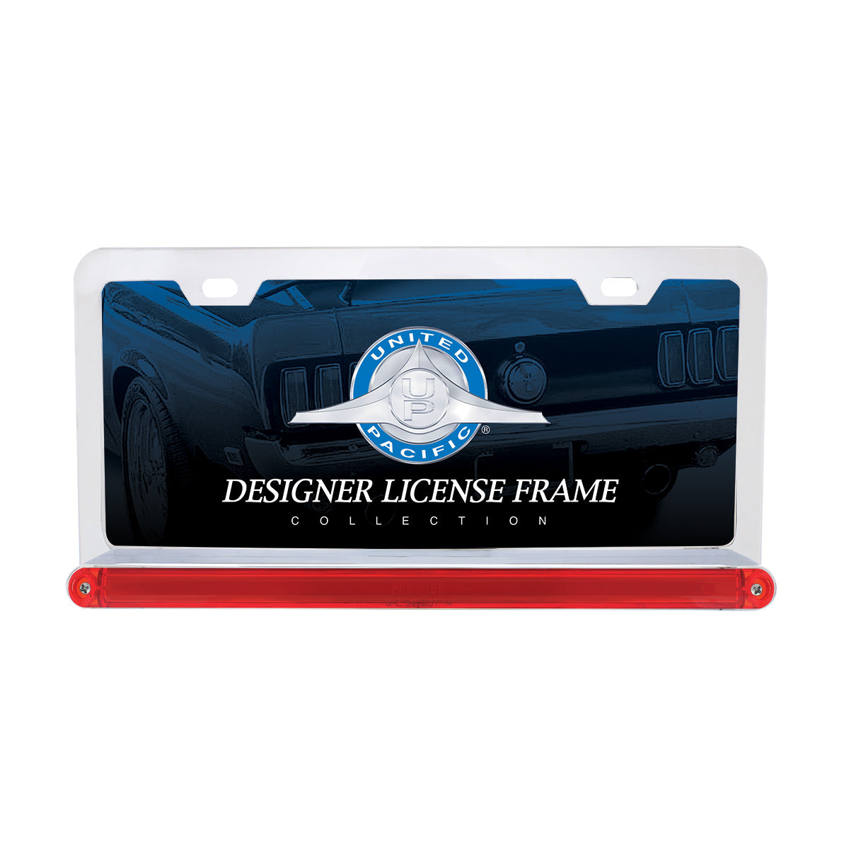 Chrome License Plate Frame With 24 LED 12" GloLight Bar - Red LED/Red Lens