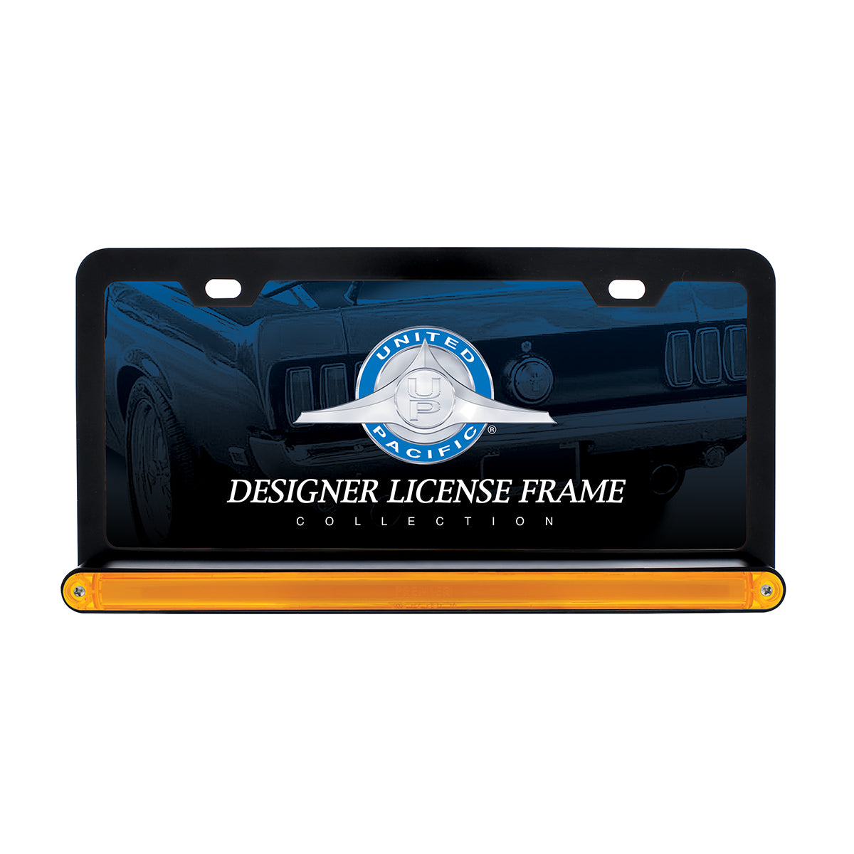 Black License Plate Frame With 24 LED 12" GloLight Bar - Amber LED/Amber Lens