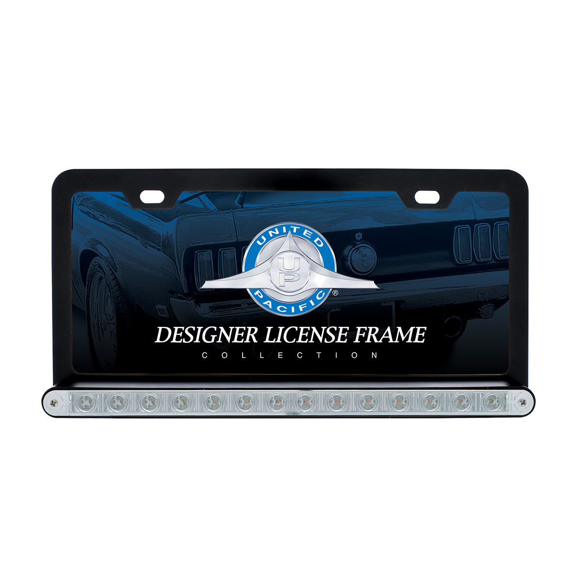 Black License Plate Frame With 14 LED 12" Light Bar - Amber LED/Clear Lens