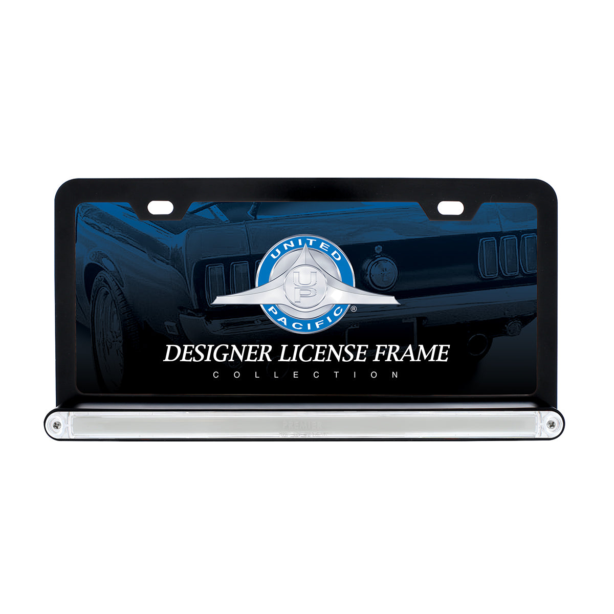 Black License Plate Frame With 24 LED 12" GloLight Bar - Amber LED/Clear Lens