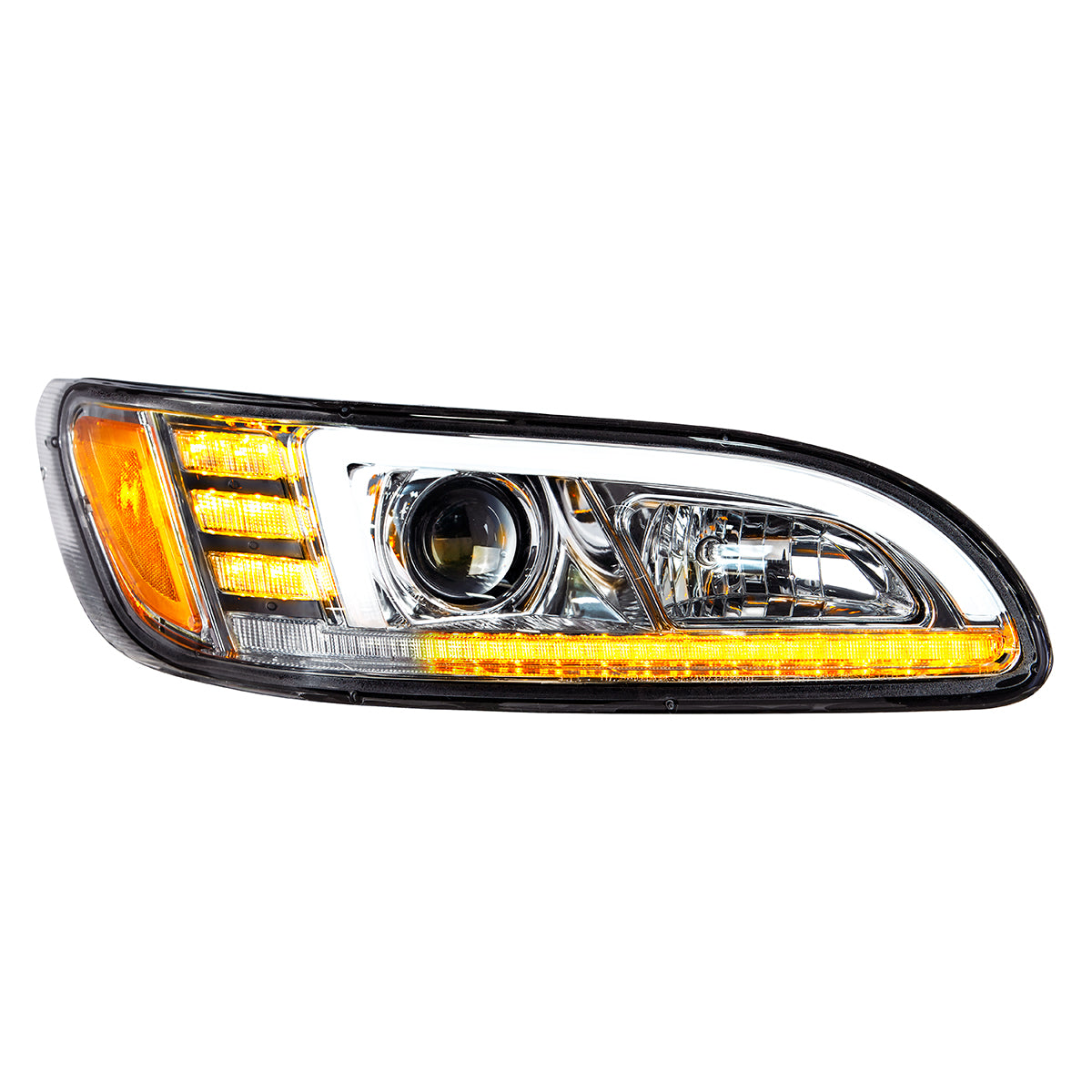 Chrome Projection Headlight With LED Sequential Turn & DRL For 2005-2015 Peterbilt 386- Passenger