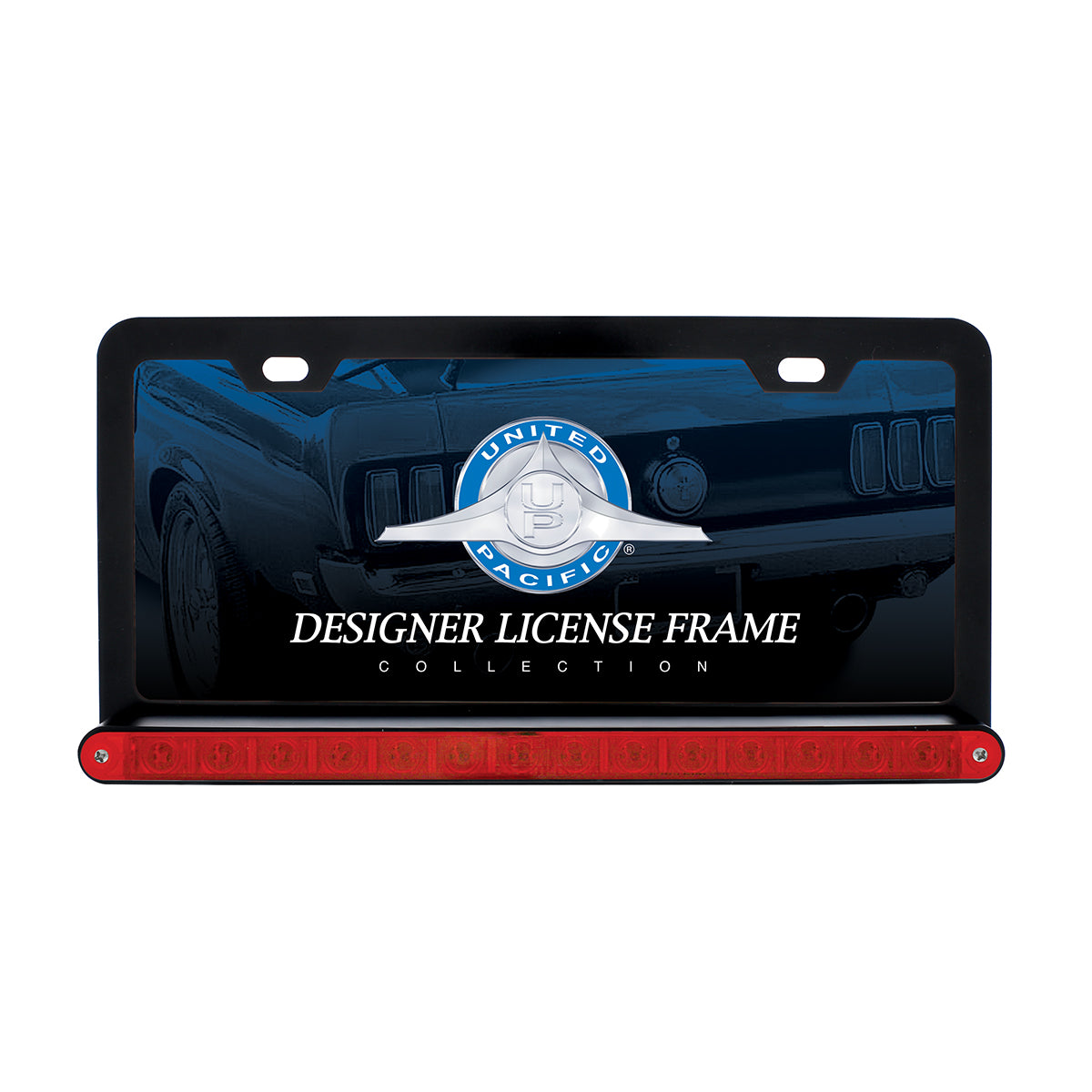 Black License Plate Frame With 14 LED 12" Light Bar - Red LED/Red Lens