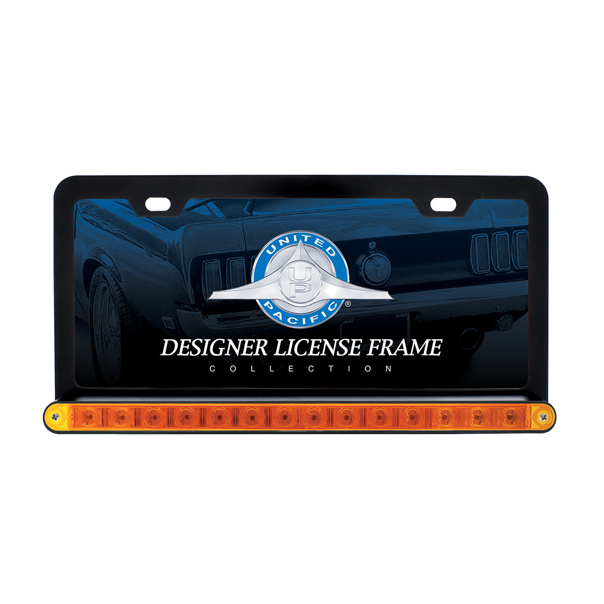Black License Plate Frame With 14 LED 12" Light Bar - Amber LED/Amber Lens