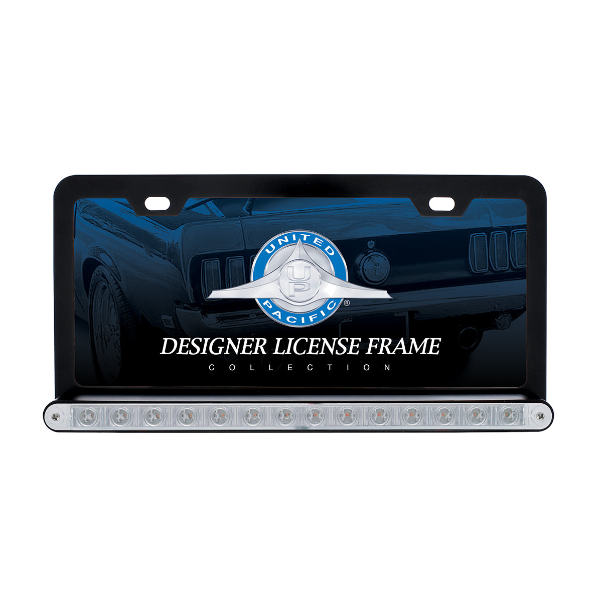 Black License Plate Frame With 14 LED 12" Light Bar - Red LED/Clear Lens