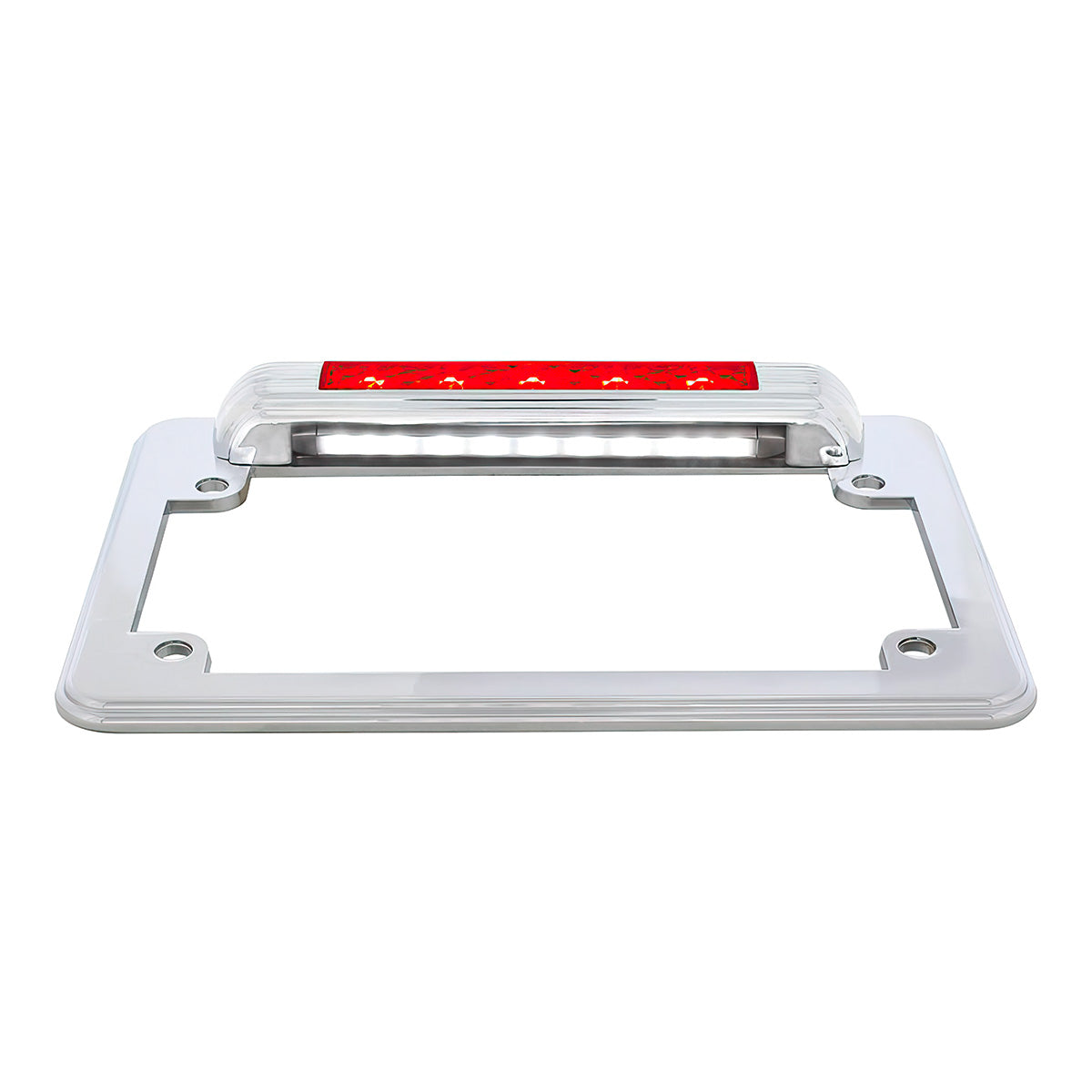 Chrome Motorcycle License Plate Frame With 3rd Brake Light - Red LED/Red Lens