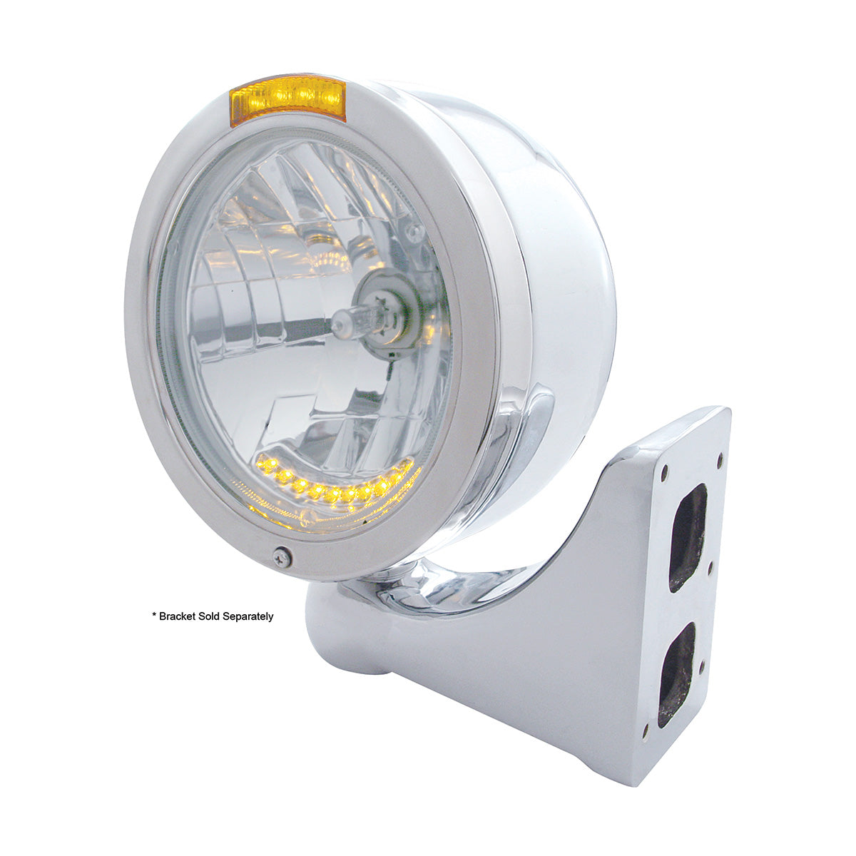 Stainless Steel Bullet Half Moon Headlight H4 With 10 Amber LED & Signal - Amber Lens