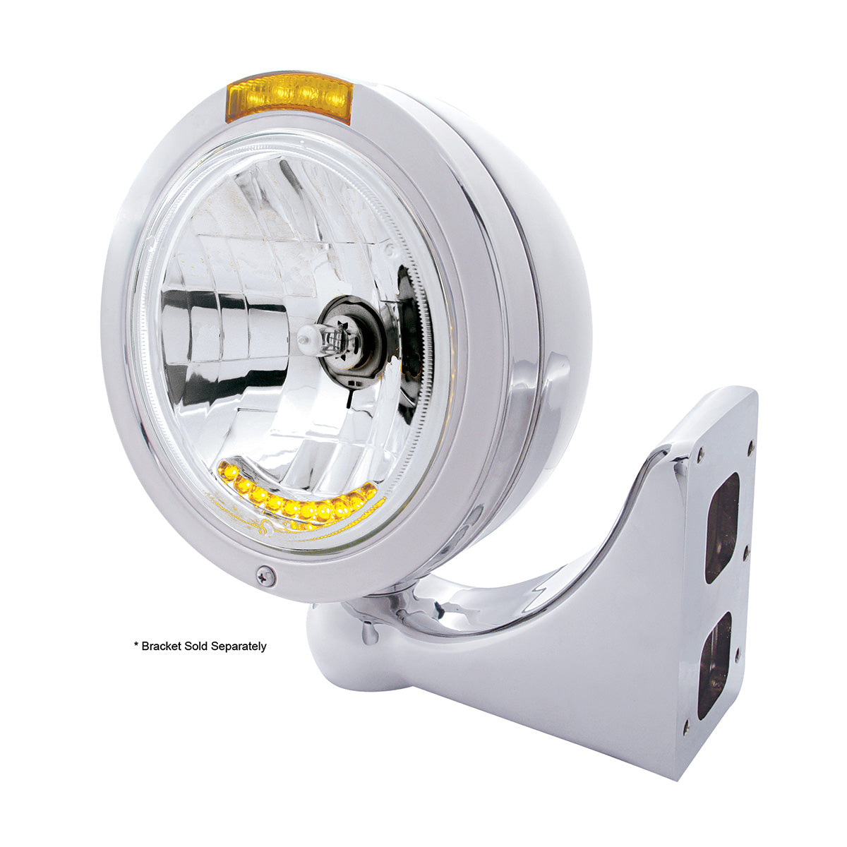 Stainless Steel Bullet Classic Headlight H4 With 10 Amber LED & LED Signal - Amber Lens