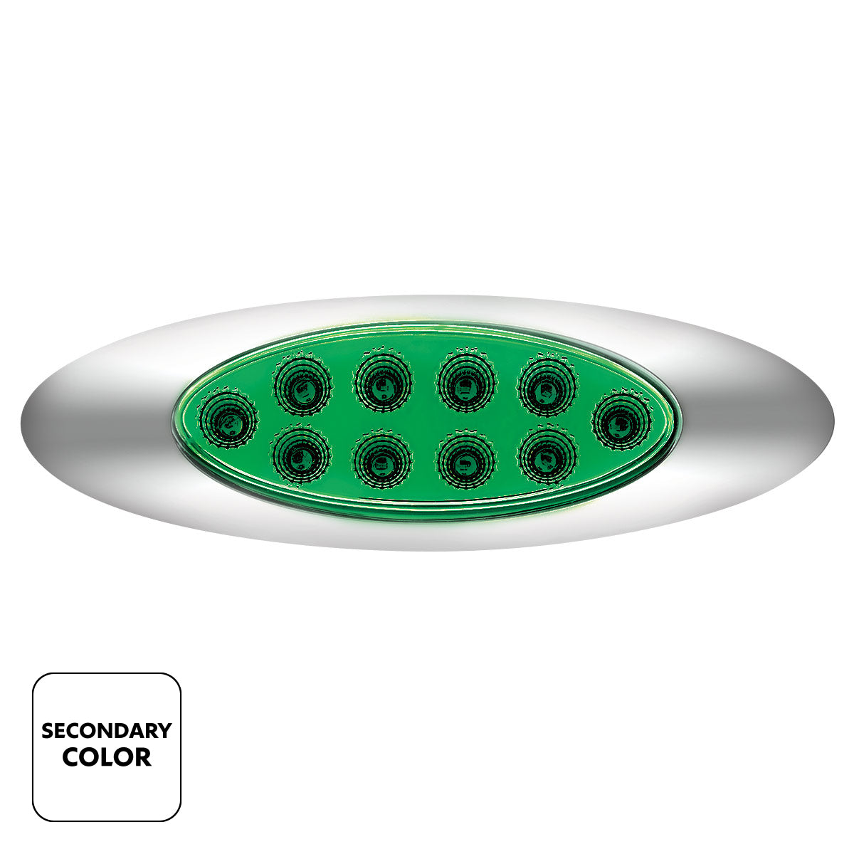 10 LED Oval Double Fury Light With Clear Lens & Chrome Bezel (Clearance/Marker) - Amber & Green LED/Clear Lens