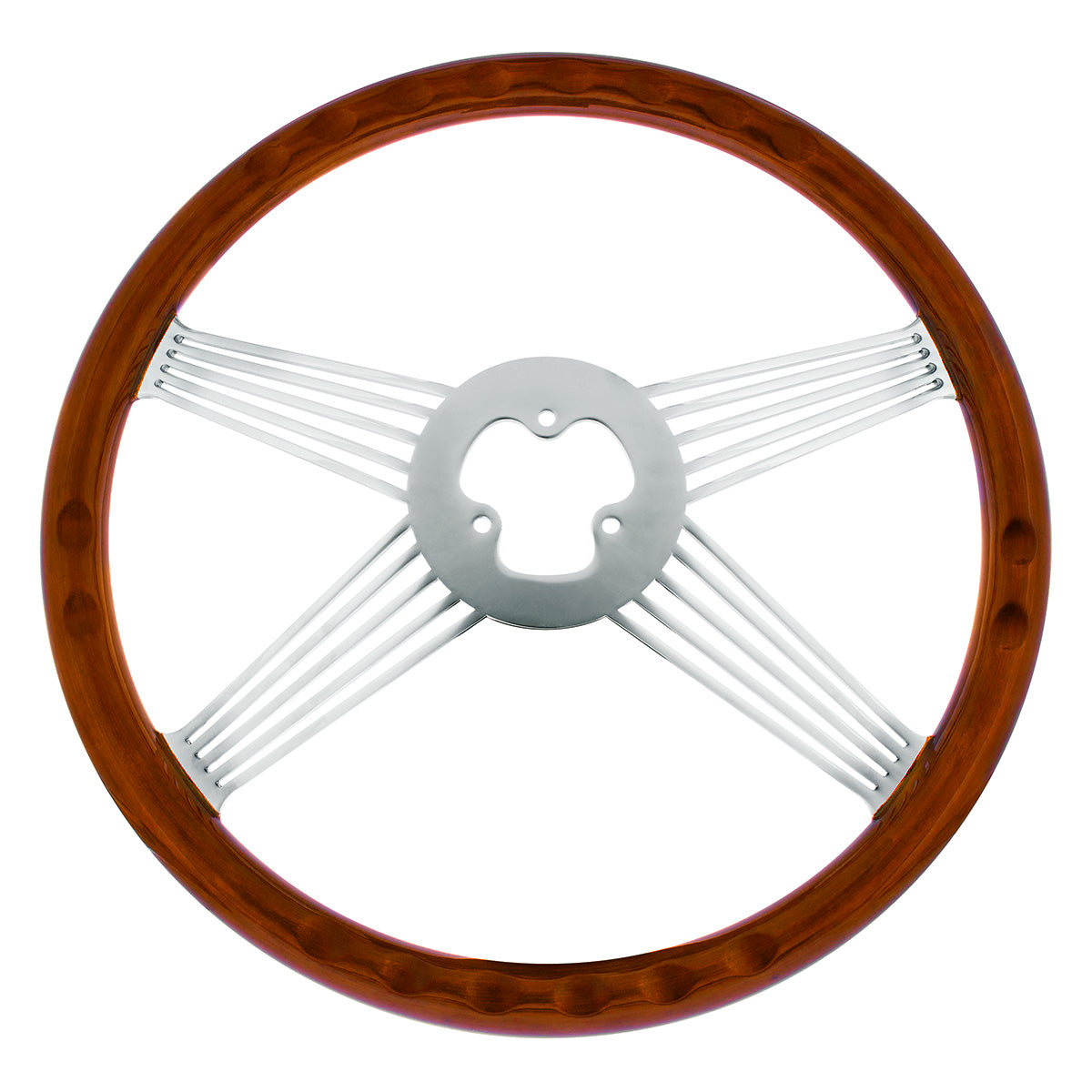 18" Chrome 4 Spoke With Wire Cutout Steering Wheel With Horn Bezel & Button-Wood Grain