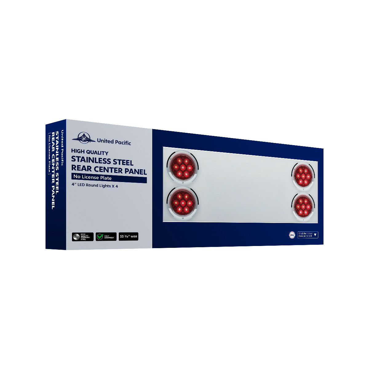 33-3/4" Stainless Rear Center Panel With Four 7 LED 4" Reflector Lights&Visors(No LP Holes)-Red LED/Clear Lens