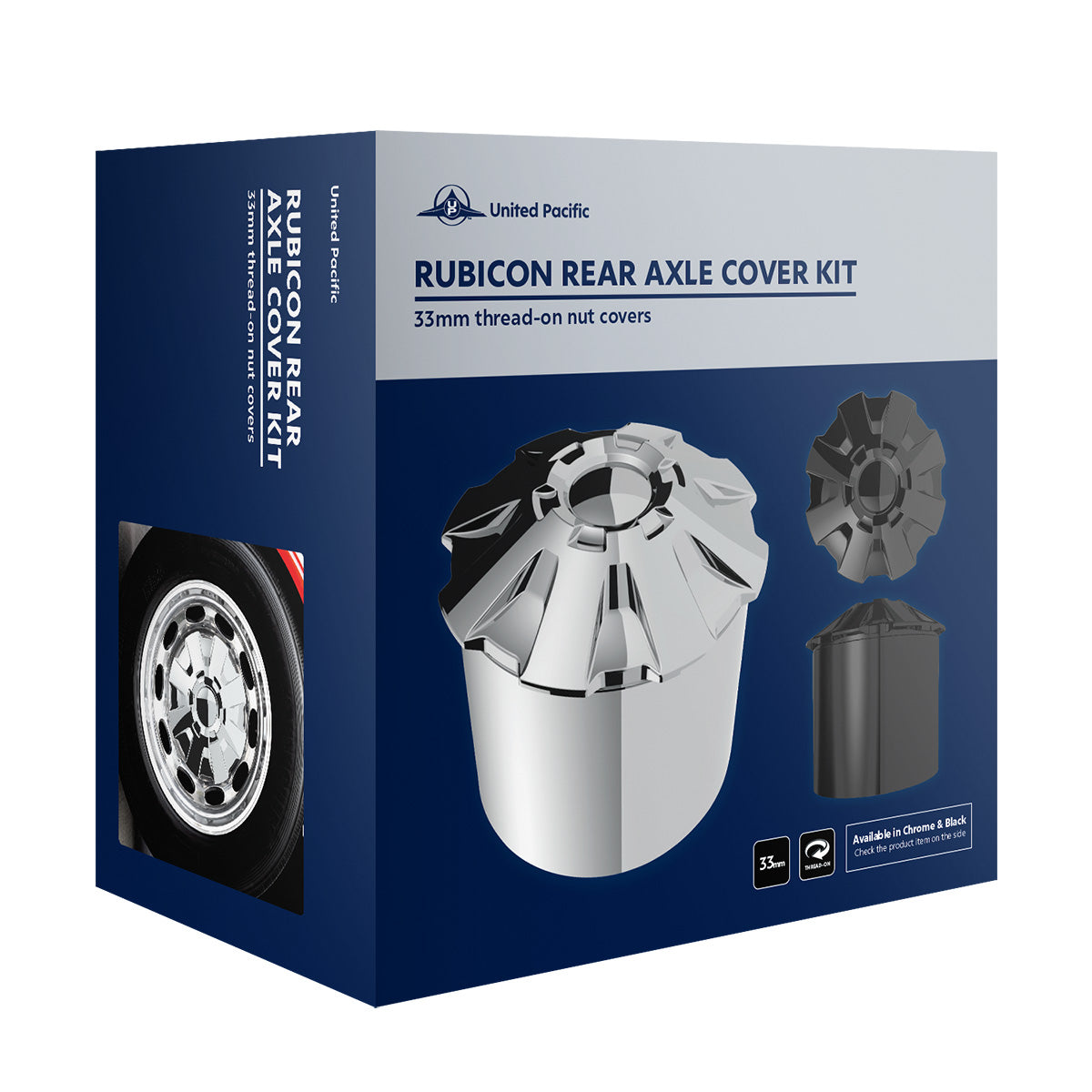 Rubicon Rear Axle Cover Kit With 33mm Thread-On Nut Covers-Chrome