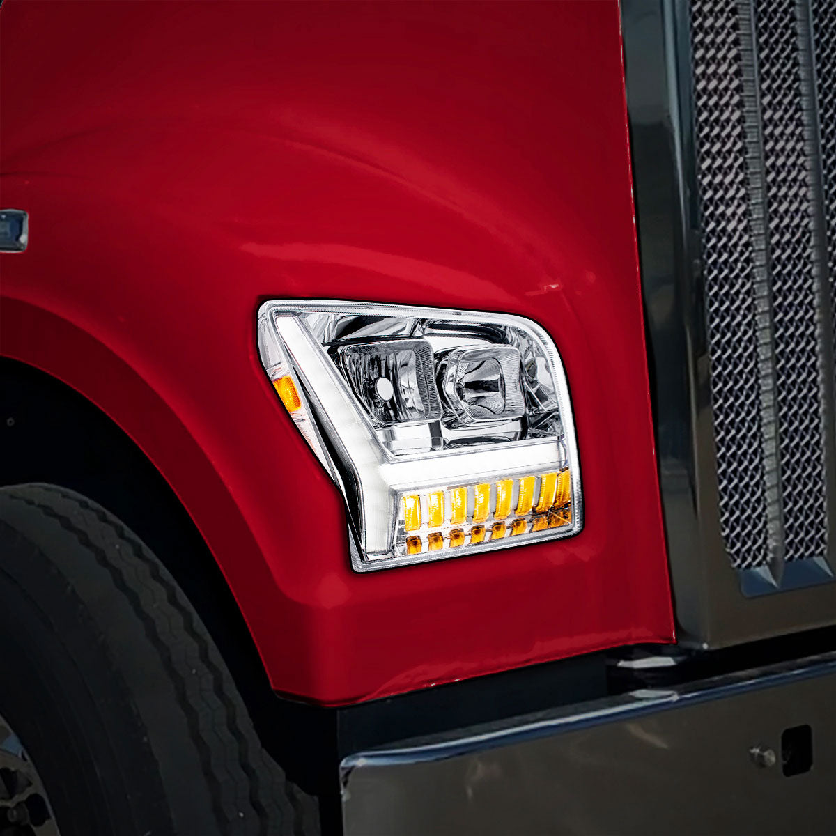 Chrome Headlight With LED DRL Light Bar & Turn Signal For 2018-2024 Kenworth W990-Passenger