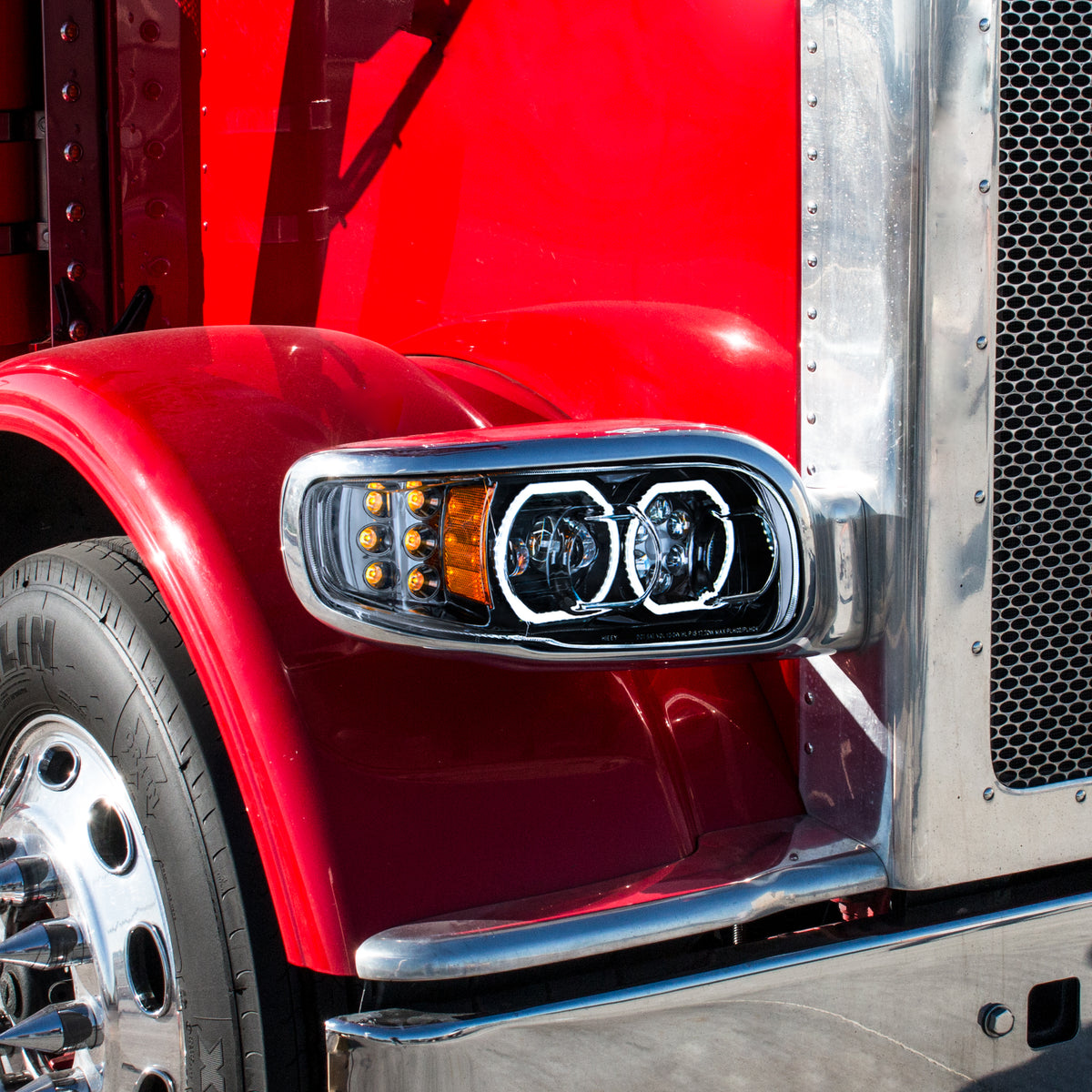 High Power 10 LED Blackout Headlight With 6 LED Turn & 100 LED Halo For 2008-2024 Peterbilt 389- Passenger