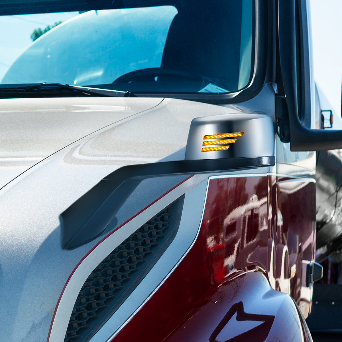 Chrome Hood Mirror Assembly With Sequential LED Turn Signal For 2018-2024 Volvo VNL - Driver