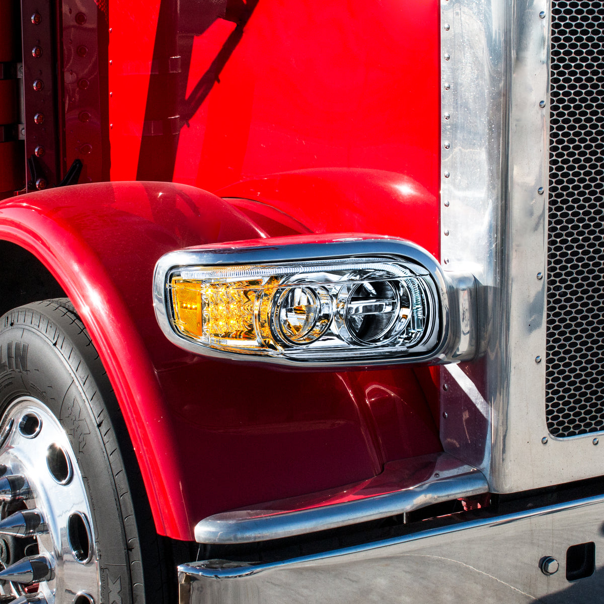 Chrome LED Headlight With LED Turn & Position Light Bar For Peterbilt 388 (2008-2015) & 389 (2008-2023)- Driver