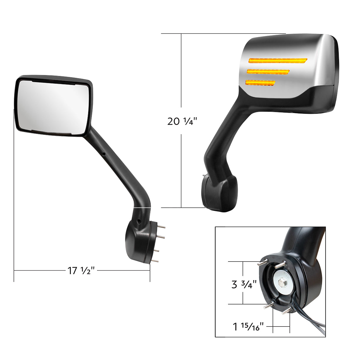 Chrome Hood Mirror Assembly W/ Sequential LED Turn Signal For 2013-2021 Kenworth T680 & Peterbilt 579 - Driver