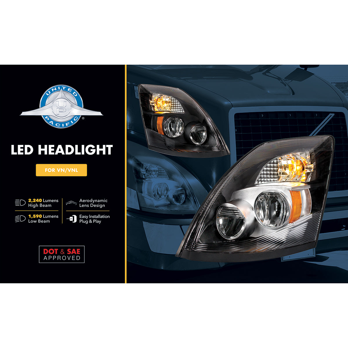 High Power LED Chrome Headlight for 2003-2017 Volvo VN/VNL - Driver