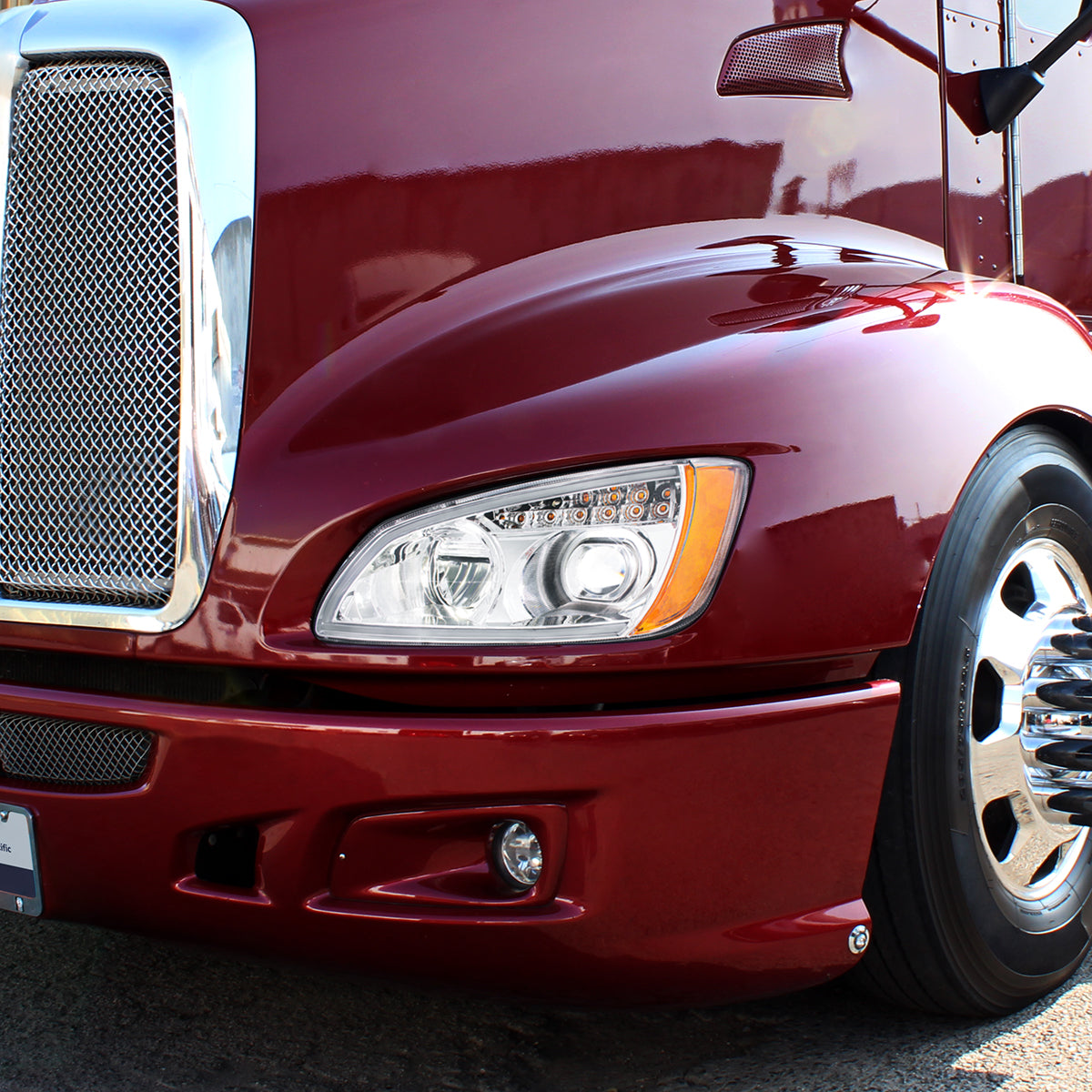 Chrome Full LED Projection Headlight With Turn Signal & Position Light Bar For 2008-2017 Kenworth T660 -Driver