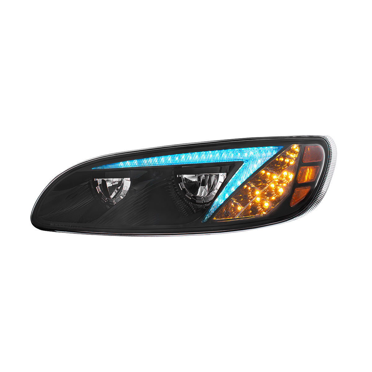 Black LED Headlight With Color Changing Position Light Bar For Peterbilt 386 (2005-2015) & 387 (1999-2010) - Driver