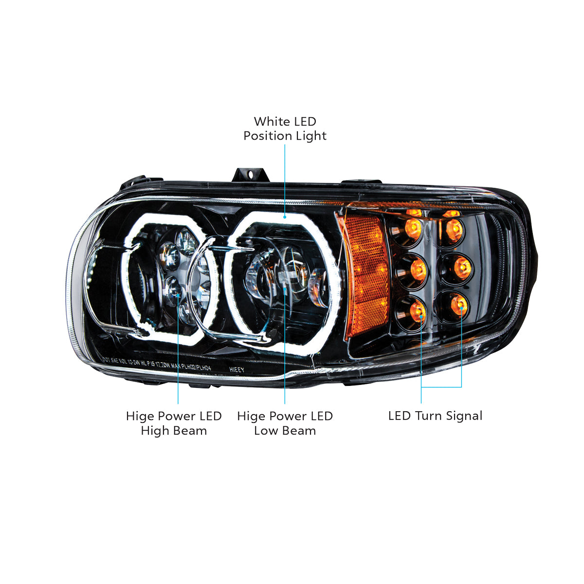 High Power 10 LED Blackout Headlight With 6 LED Turn & 100 LED Halo For 2008-2024 Peterbilt 389- Passenger