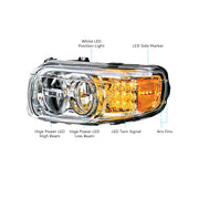 Chrome LED Headlight With LED Turn & Position Light Bar For Peterbilt 388 (2008-2015) & 389 (2008-2023)- Driver