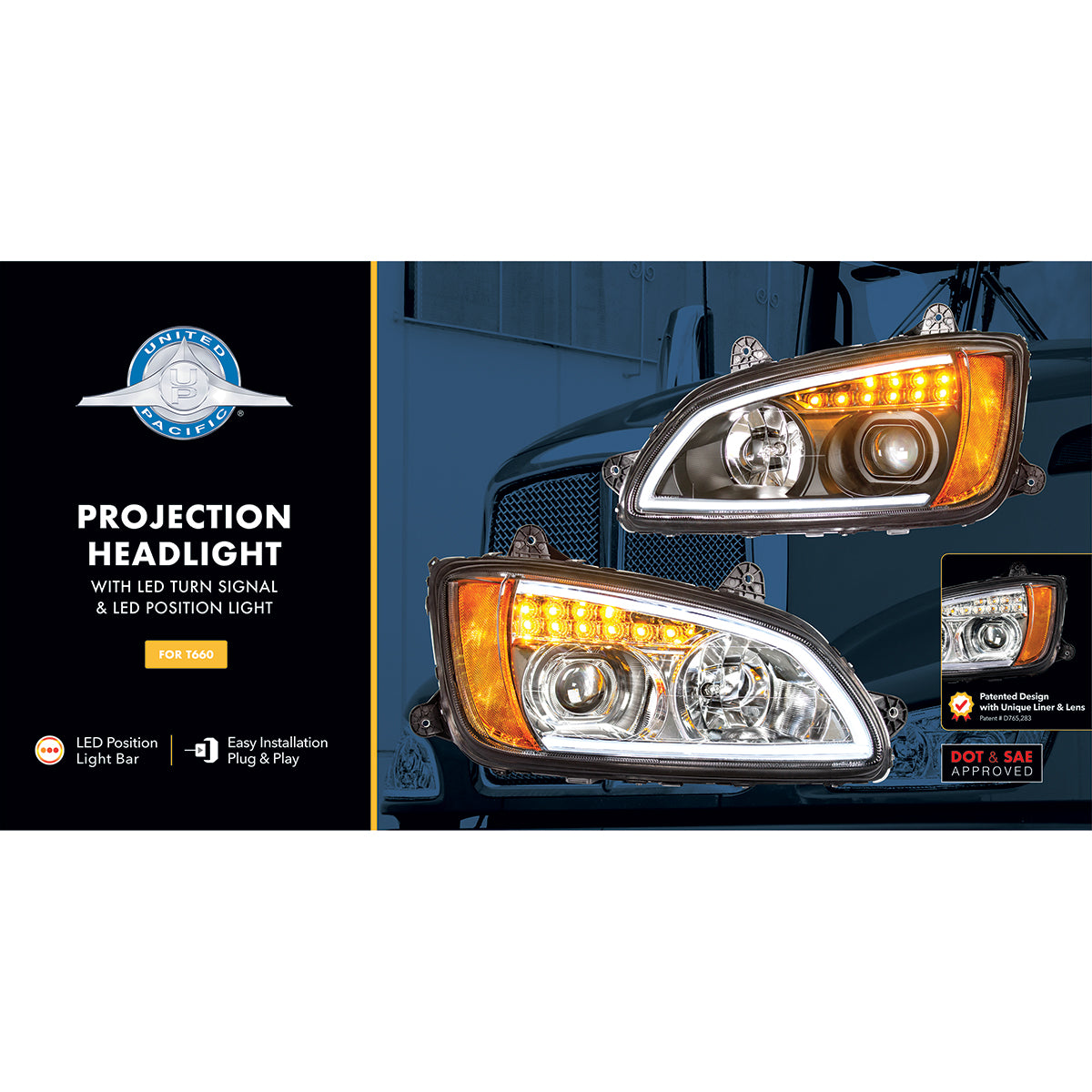 Chrome Projection Headlight With LED Turn Signal & Position Light For 2008-2017 Kenworth T660 - Driver