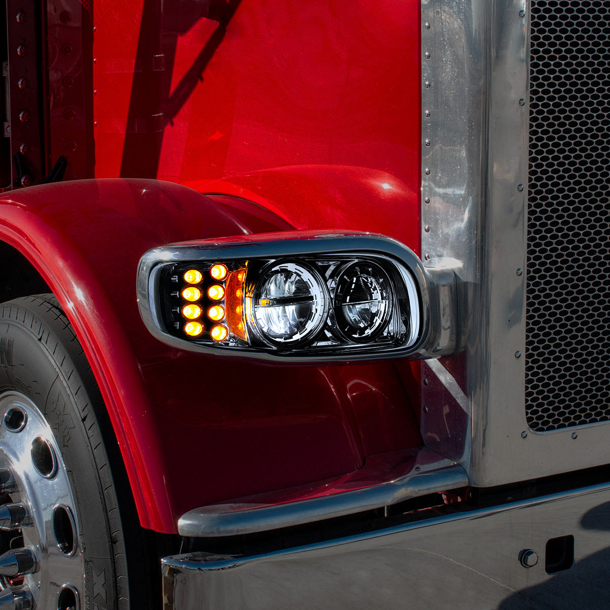 High Power LED Blackout Headlight With 8 LED Turn & 4 LED Position Light For 2008-2024 Peterbilt 389-Driver