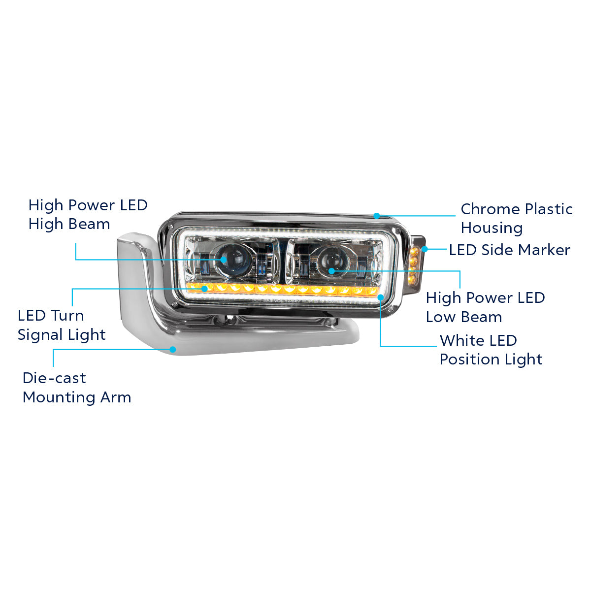 High Power LED Chrome Projection Headlight Assembly With Mounting Arm & Turn Signal - Driver