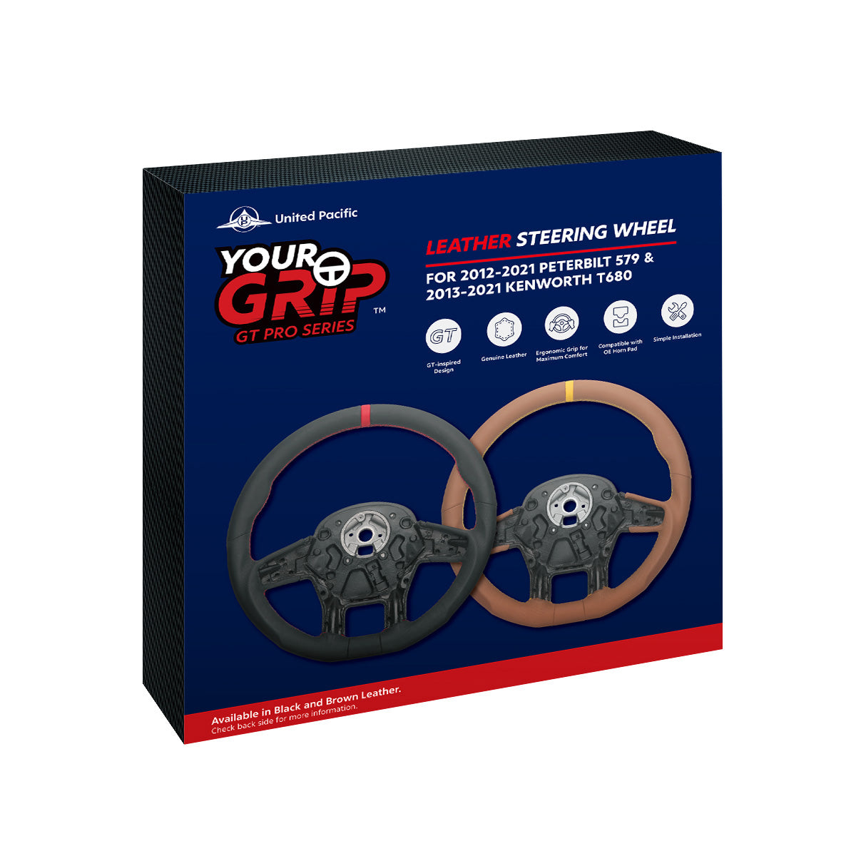 18" YourGrip GT PRO Leather Steering Wheel For 2012-2021 Peterbilt 579 & 2013-2021 Kenworth T680-Brown