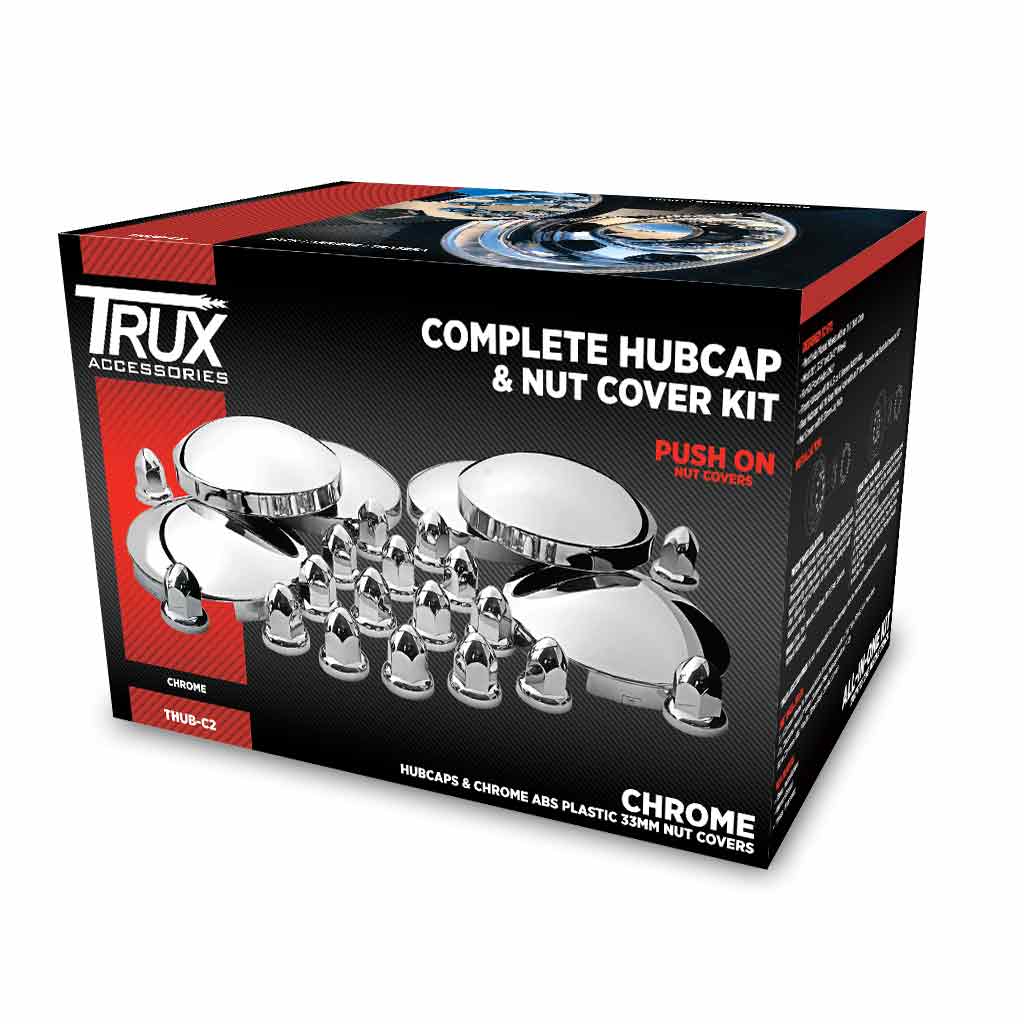 Complete Chrome Hub Cap & Chrome ABS Plastic Nut Cover Kit