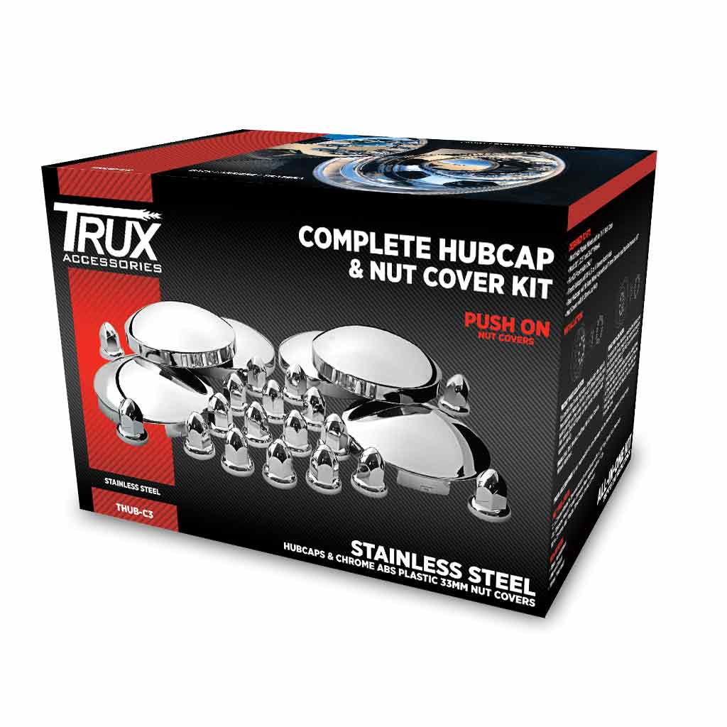 Complete Stainless Steel Hub Cap & Chrome ABS Plastic Nut Cover Kit