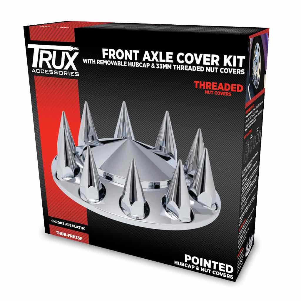 Chrome ABS Plastic Front Pointed Axle Cover Kit with Removable Center Cap &  33mm Threaded Pointed Nut Covers