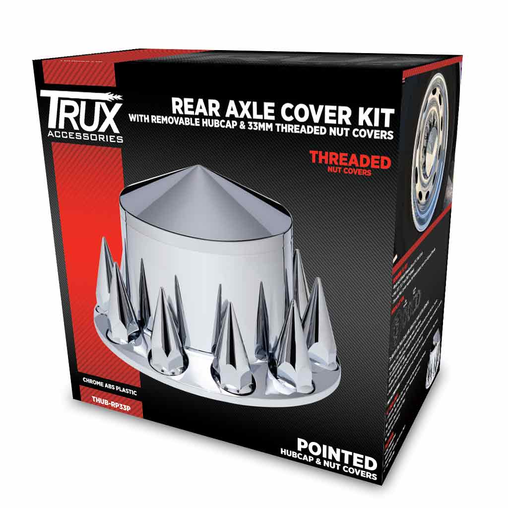 Chrome ABS Plastic Rear Pointed Axle Cover Kit with Removable Center Cap & 33mm Threaded Pointed Nut Covers