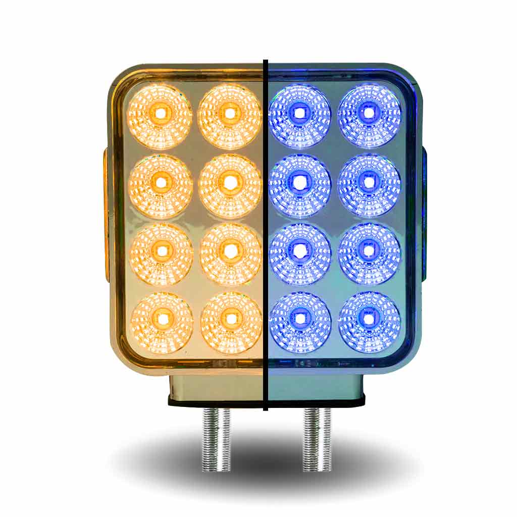 Dual Revolution Clear Amber / Clear Red Turn Signal & Marker to Blue Auxiliary LED Double Face Fender Light with Chrome Reflector
